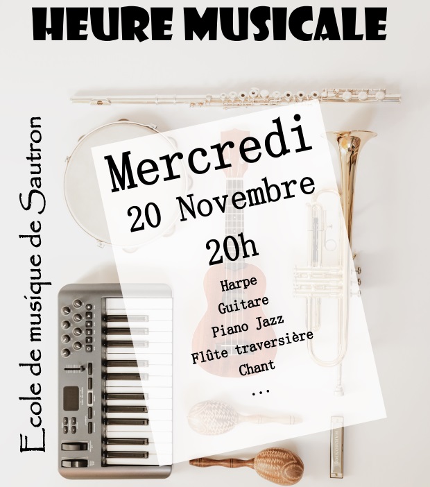 Annonce de l'heure musicale du 20/11/2019 : harpe, guitare, piano jazz, flûte traversière, chant