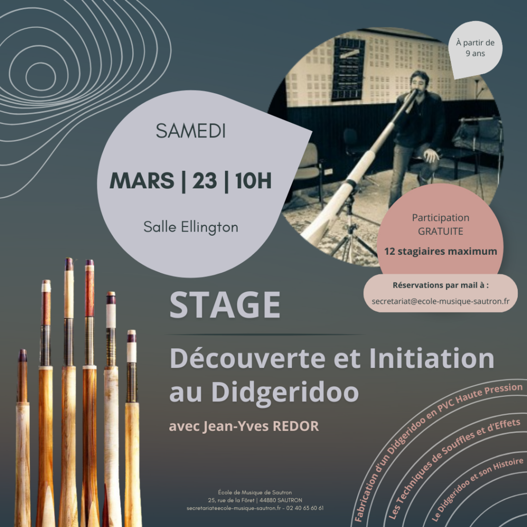 Stage découverte et d'initiation au Didgeridoo, par Jean-Yves REDOR, le 23/03/2024