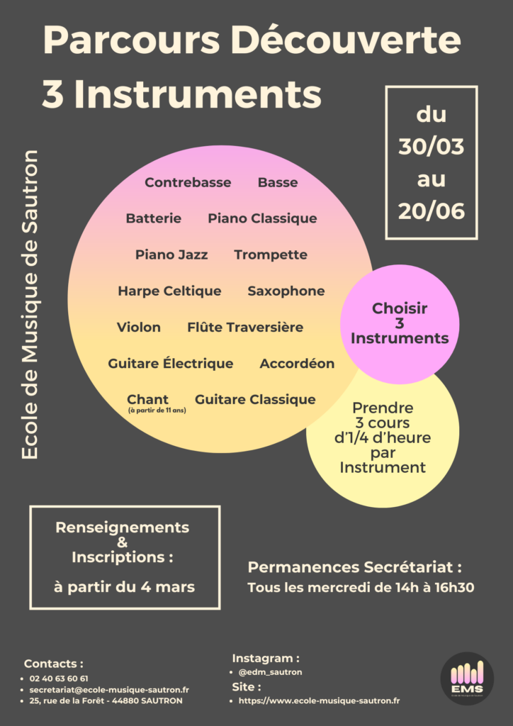 Le parcours découverte 3 instruments permet de découvrir 3 instruments en cours individuels, du 30 mars au 20 juin 2026
