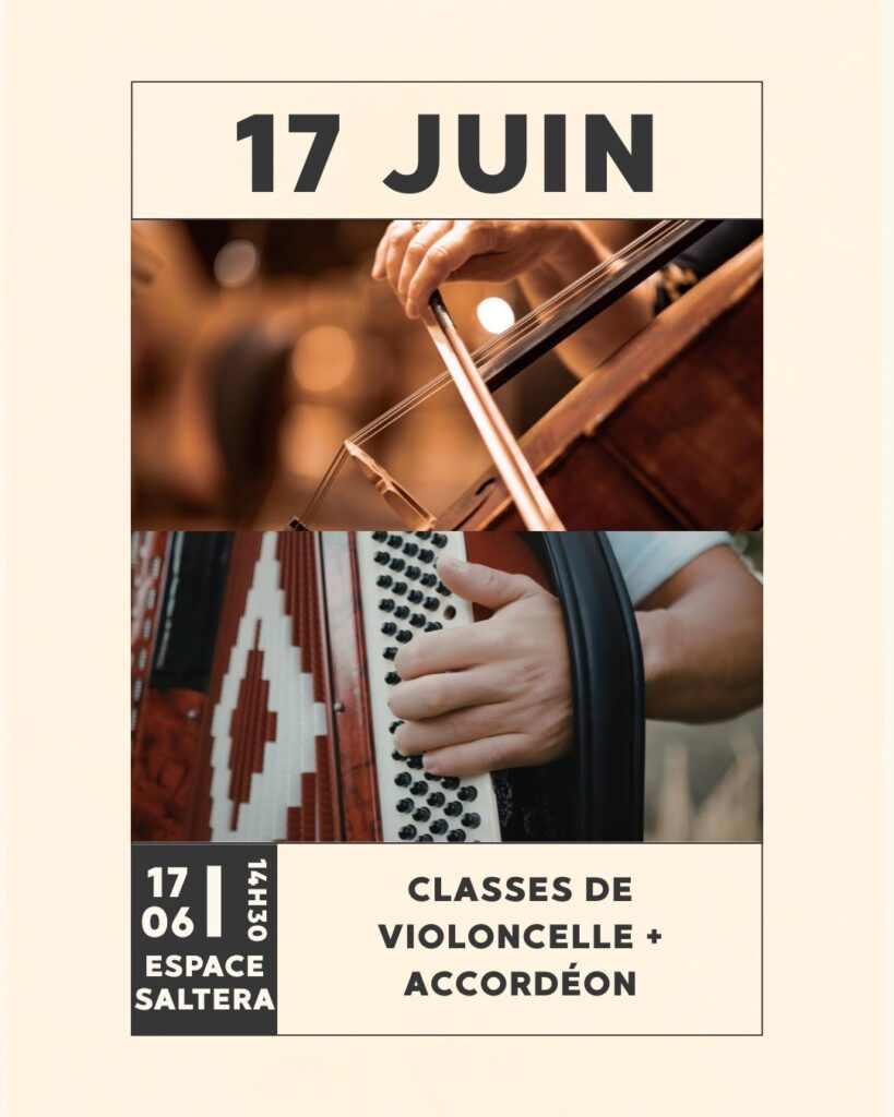 Estivales musicales : classes de violoncelle et accordéon, le 17 juin 2026 à 14h30, espace Saltera